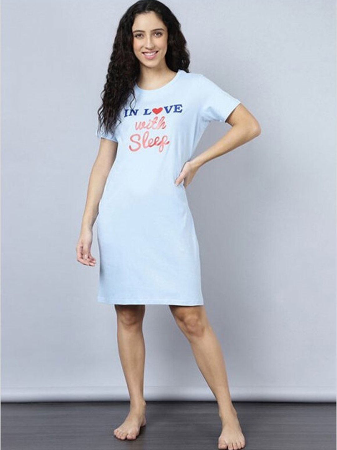 

Aila Typography Printed T-Shirt Nightdress, Blue