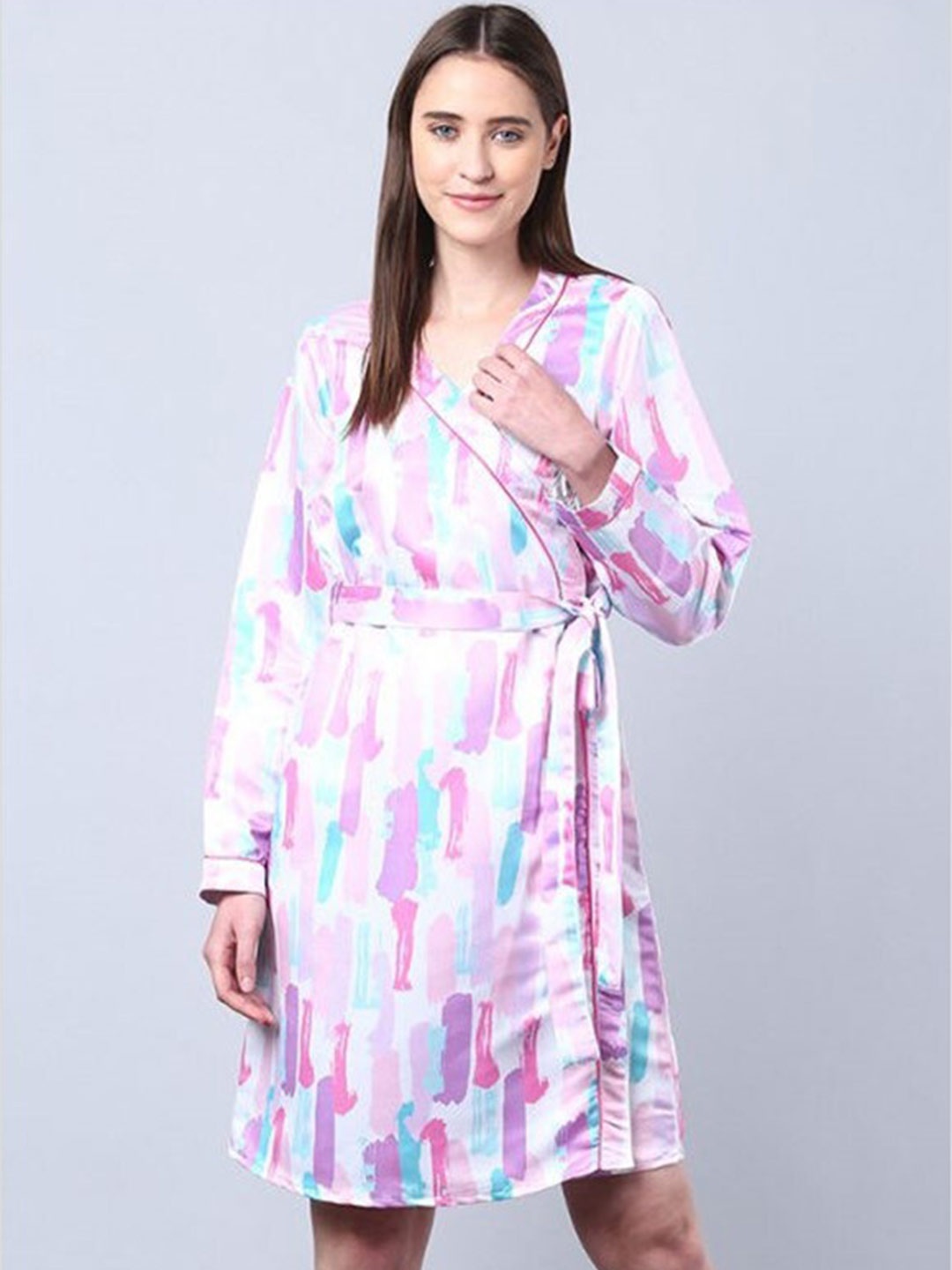 

Aila Abstract Printed Wrap Nightdress With Belt, White