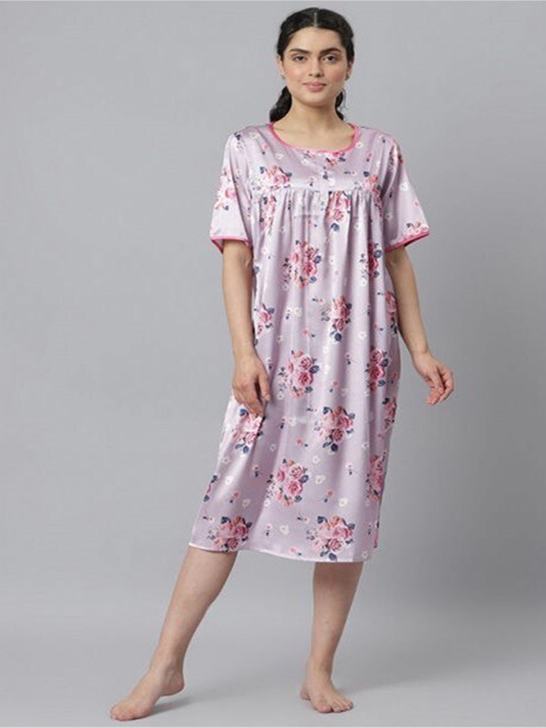 

Aila Floral Printed Short Sleeves Midi Nightdress, Purple