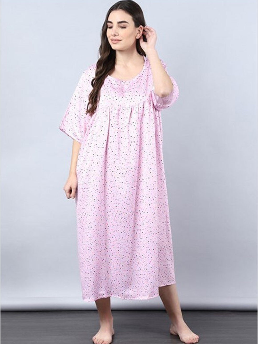 

Aila Polka Dots Printed Midi Nightdress, Pink