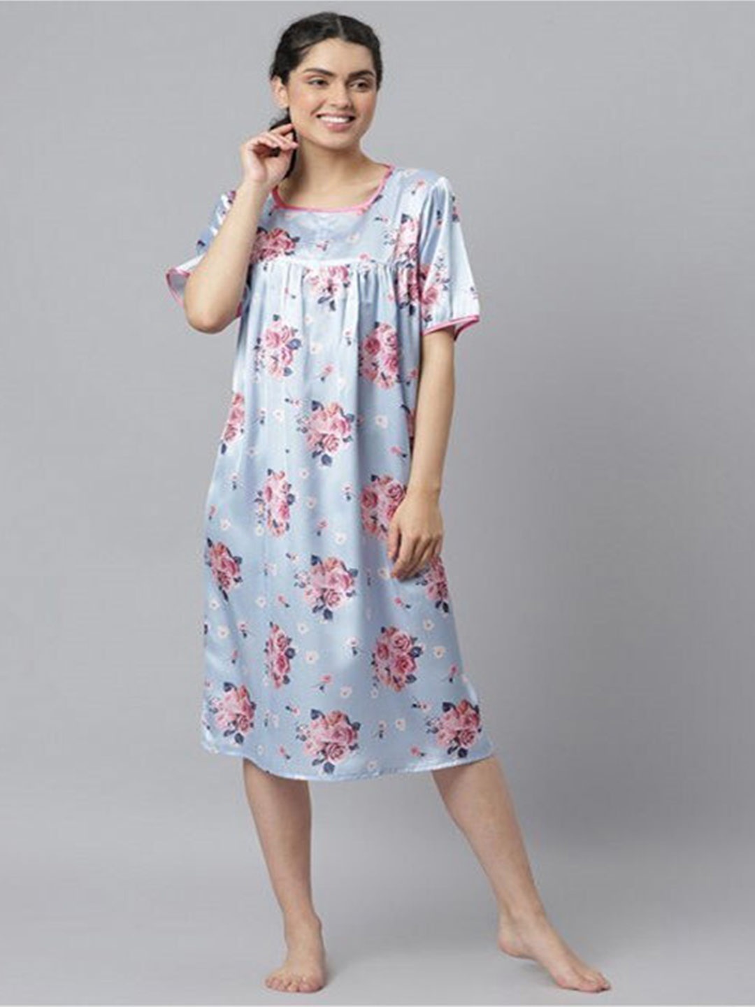 

Aila Floral Printed Nightdress, Blue