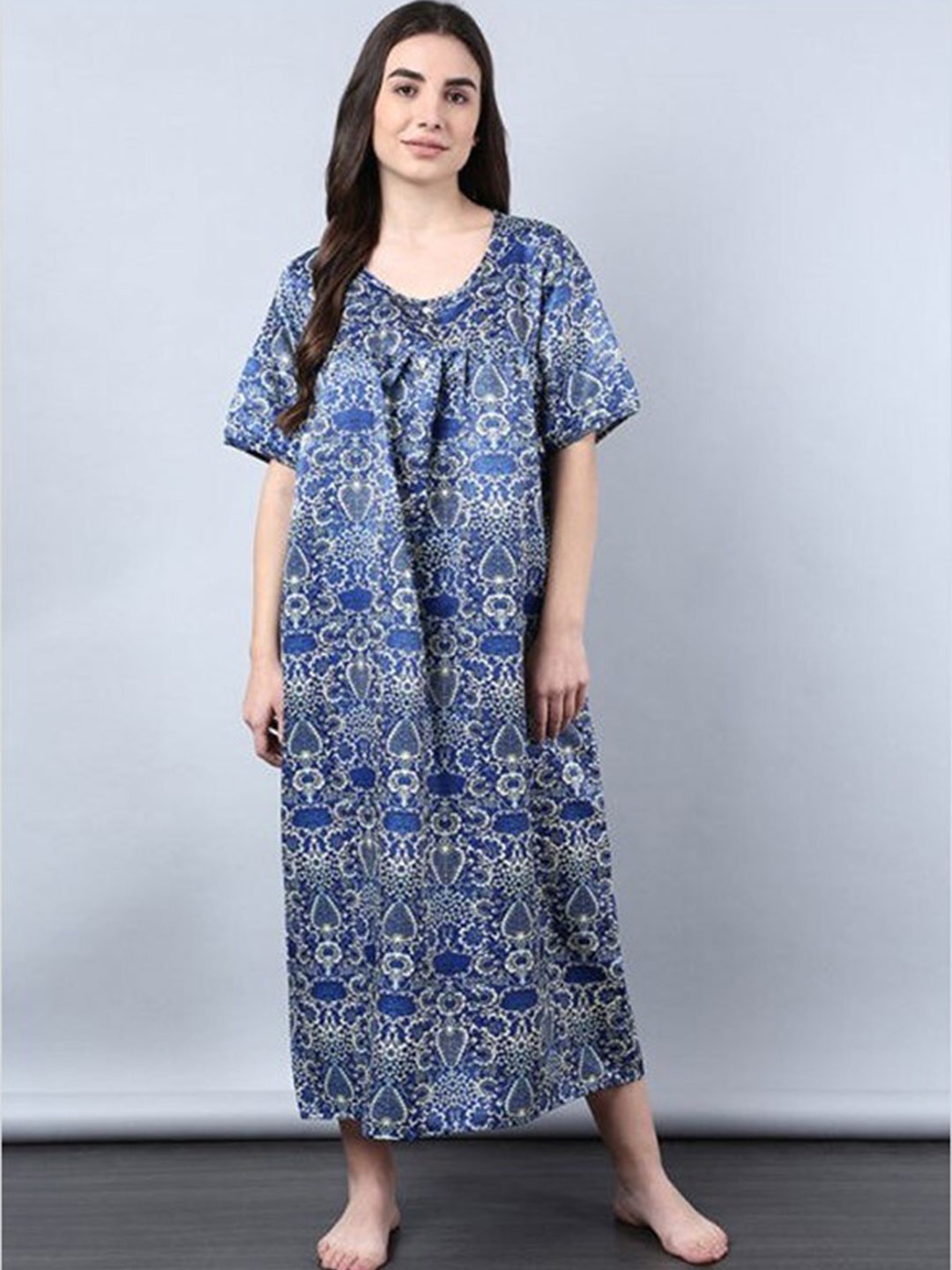 

Aila Floral Printed Nightdress, Blue