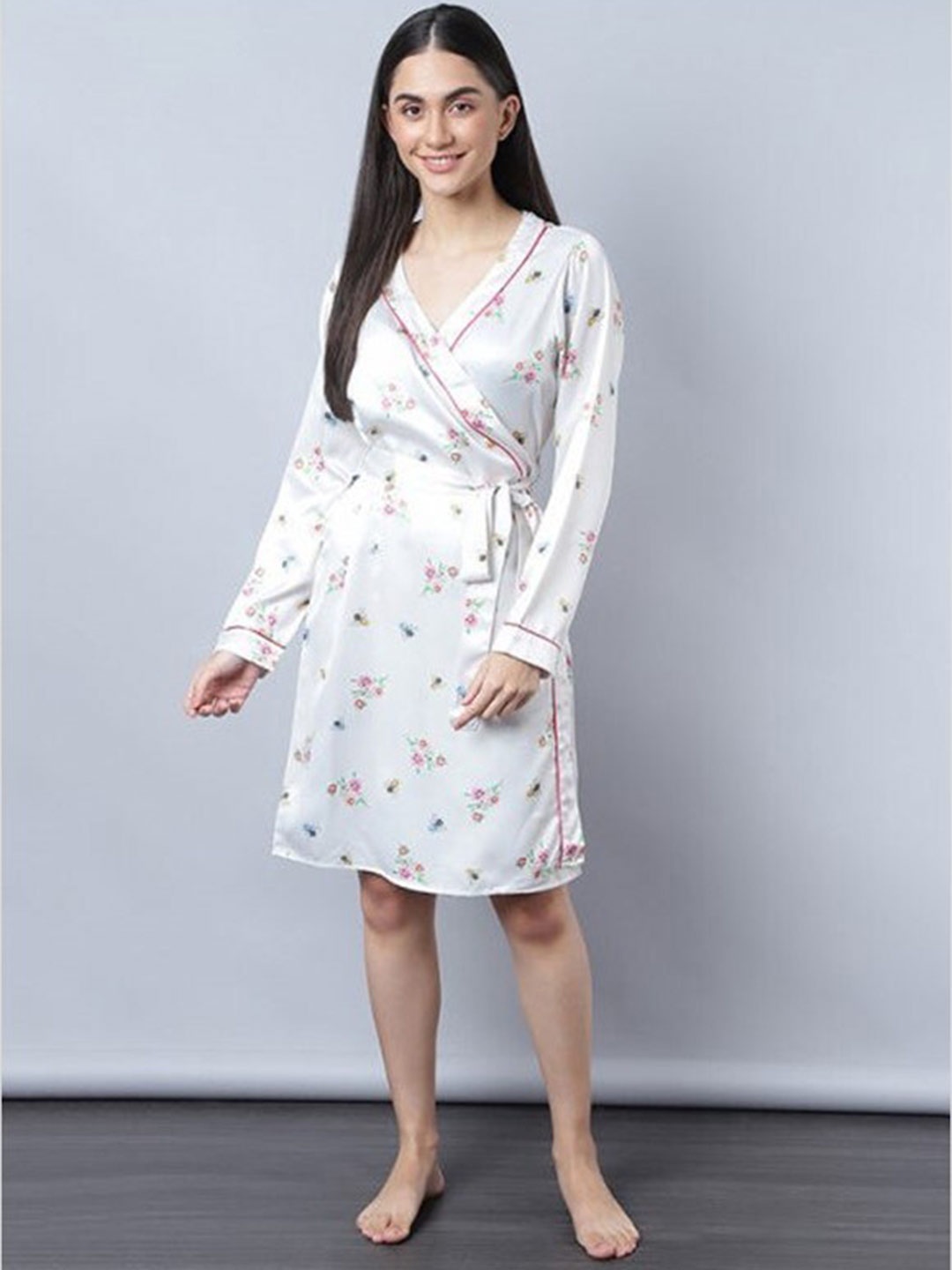 

Aila Floral Printed V-Neck Wrap Nightdress, White