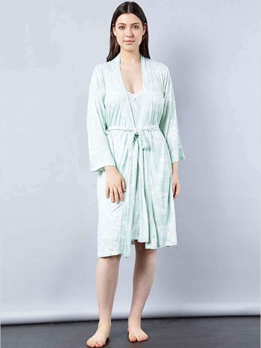

Aila Floral Printed Nightdress With Robe, Green