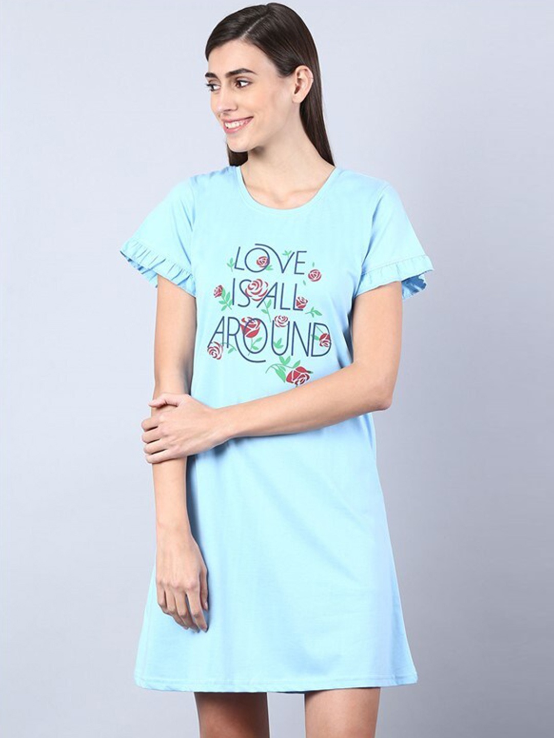 

Aila Typography Printed Nightdress, Blue