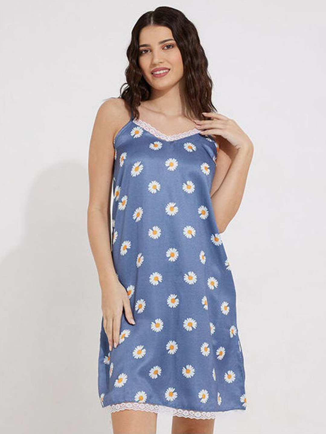 

Aila Floral Printed Shoulder Straps Nightdress, Blue
