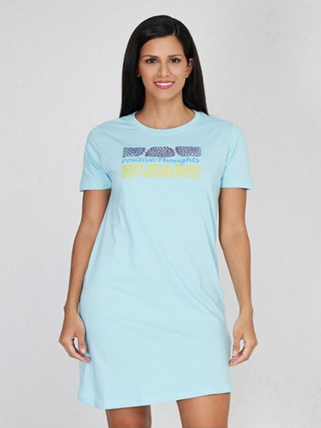 

Aila Typography Printed Above Knee Length T-shirt Nightdress, Turquoise blue