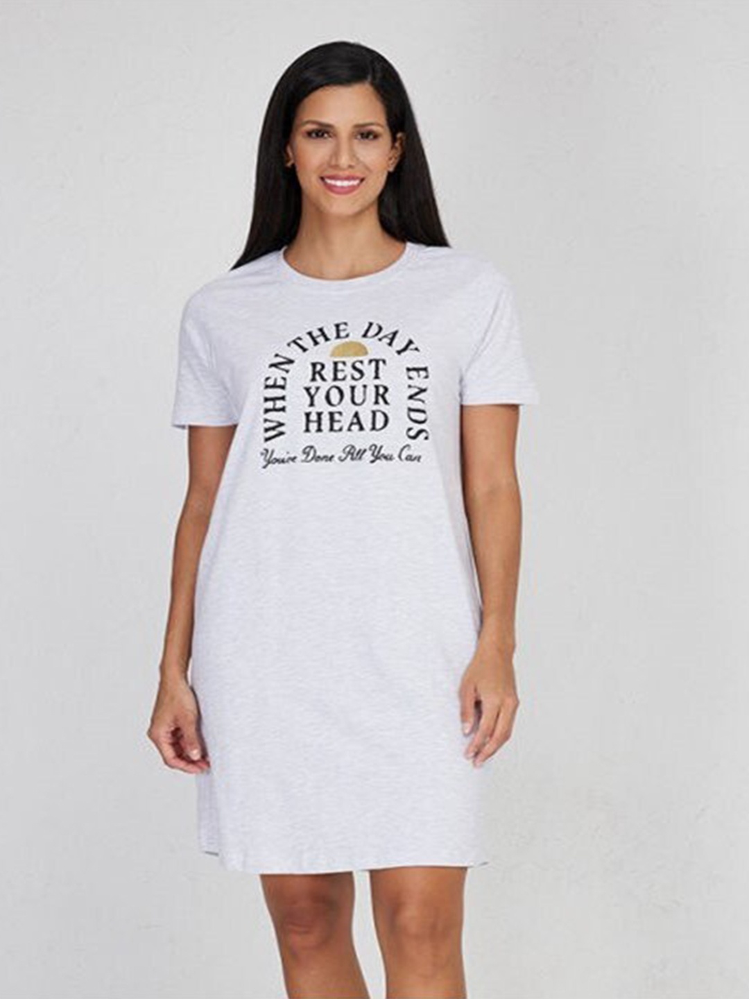 

Aila Typography Printed Everyday Nightdress, Grey melange