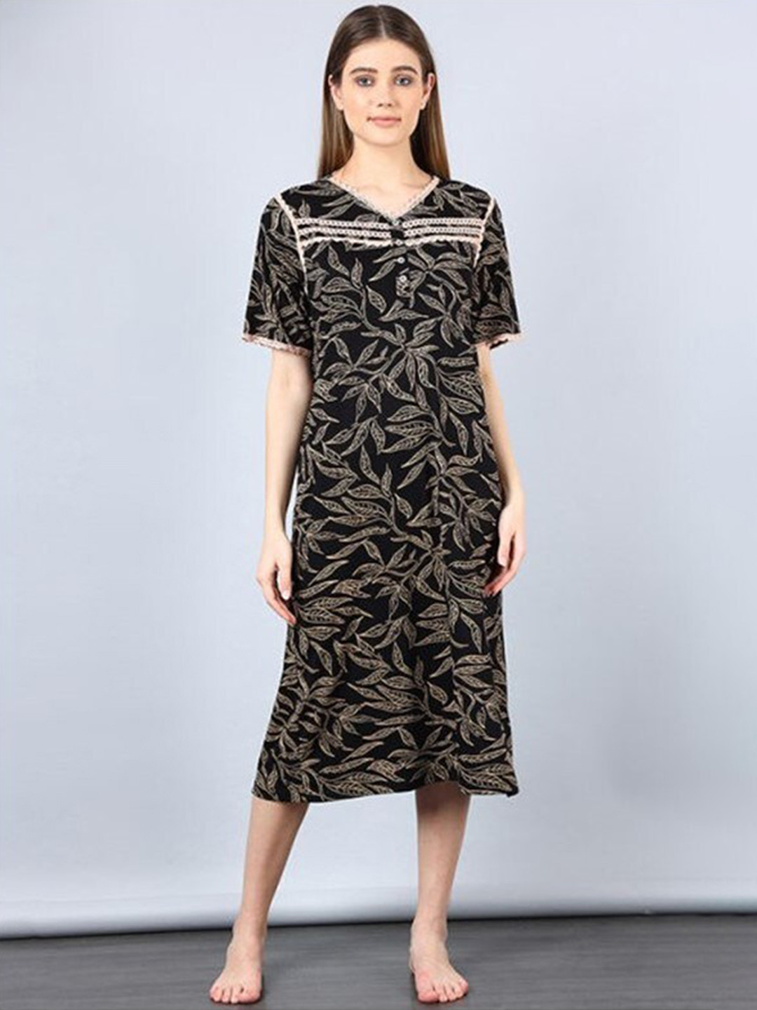 

Aila Floral Printed Midi Nightdress, Black