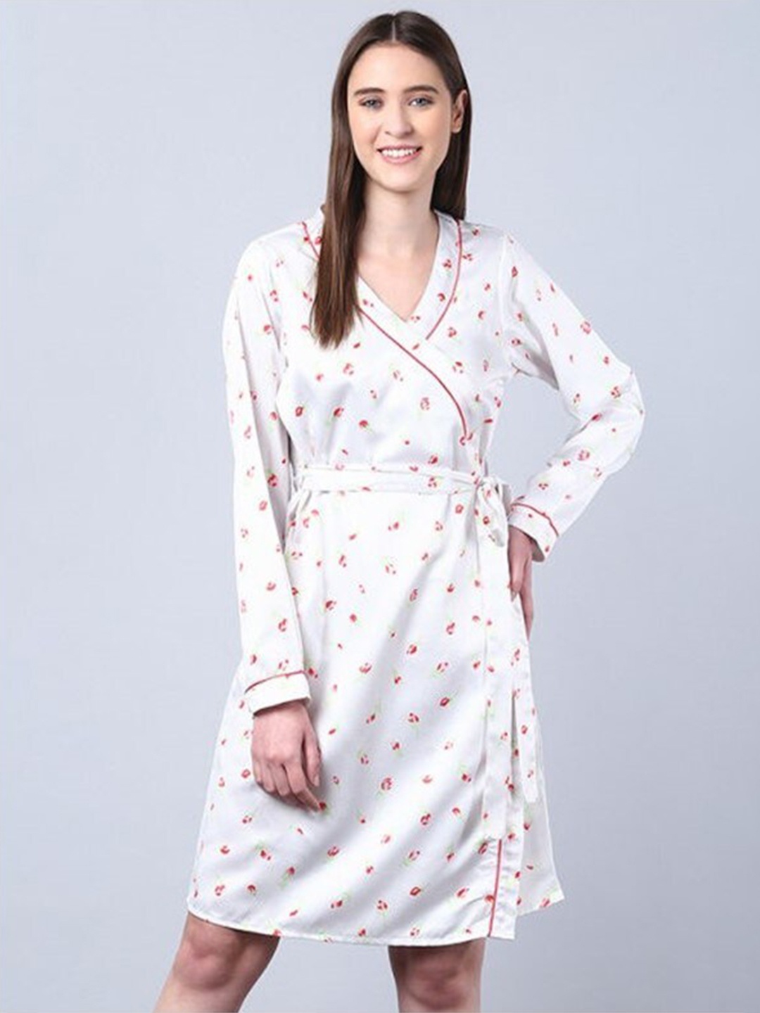 

Aila Floral Printed V-Neck Midi Wrap Nightdress, White