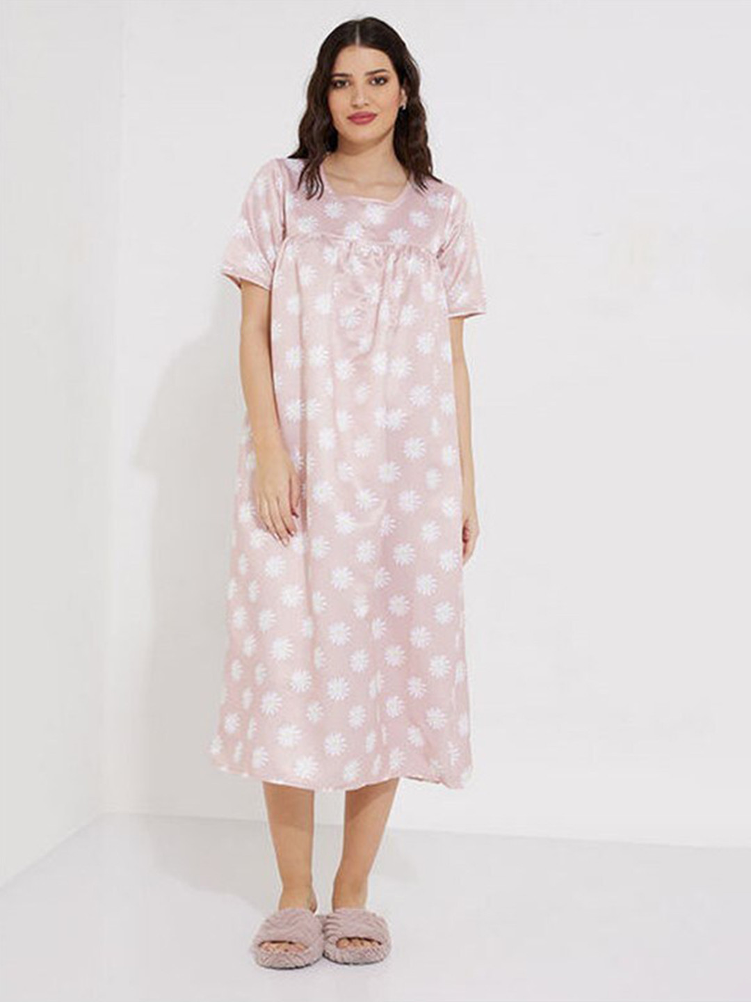 

Aila Floral Printed Midi Nightdress, Pink
