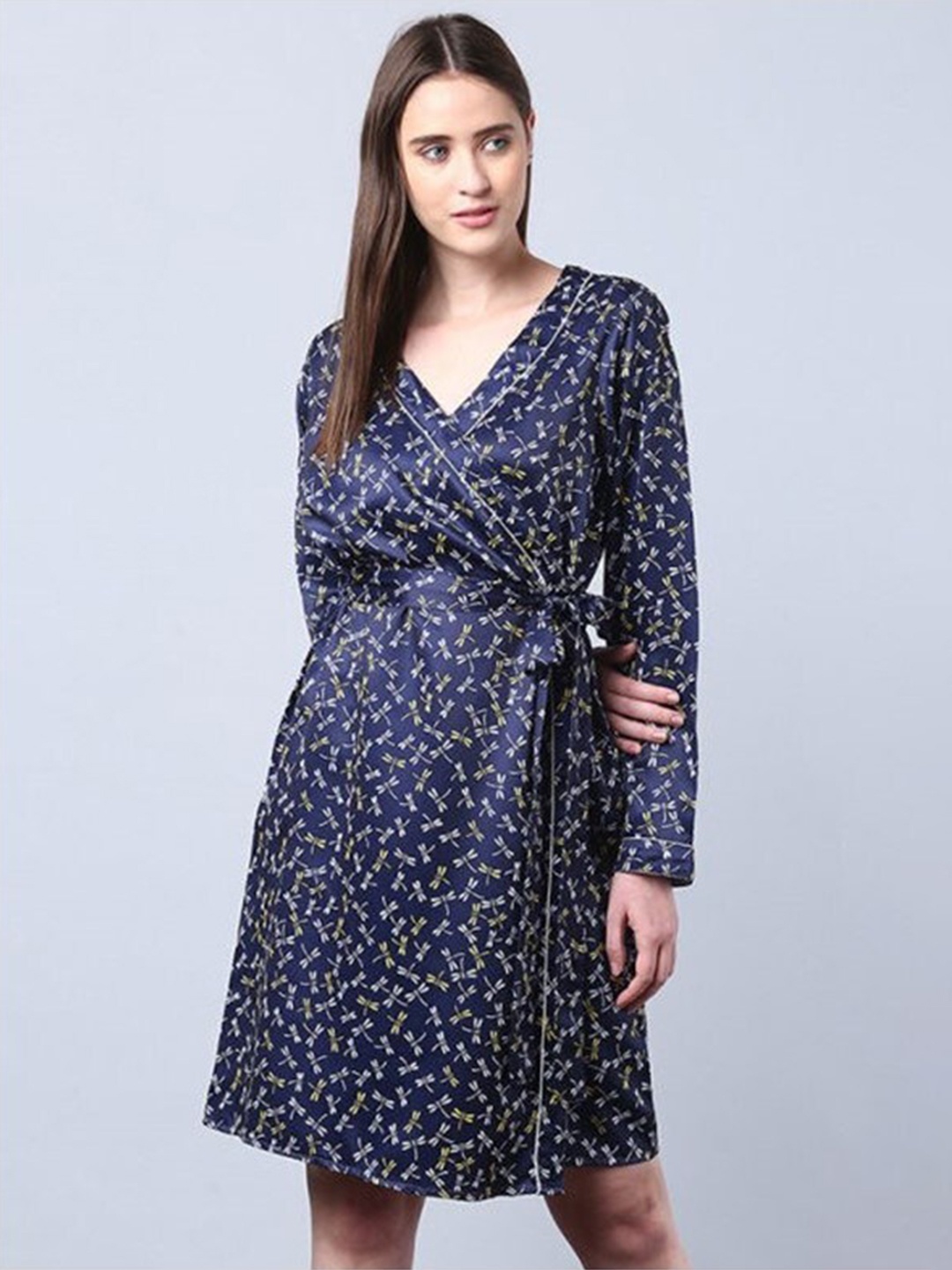 

Aila Floral Printed Wrap Nightdress, Blue