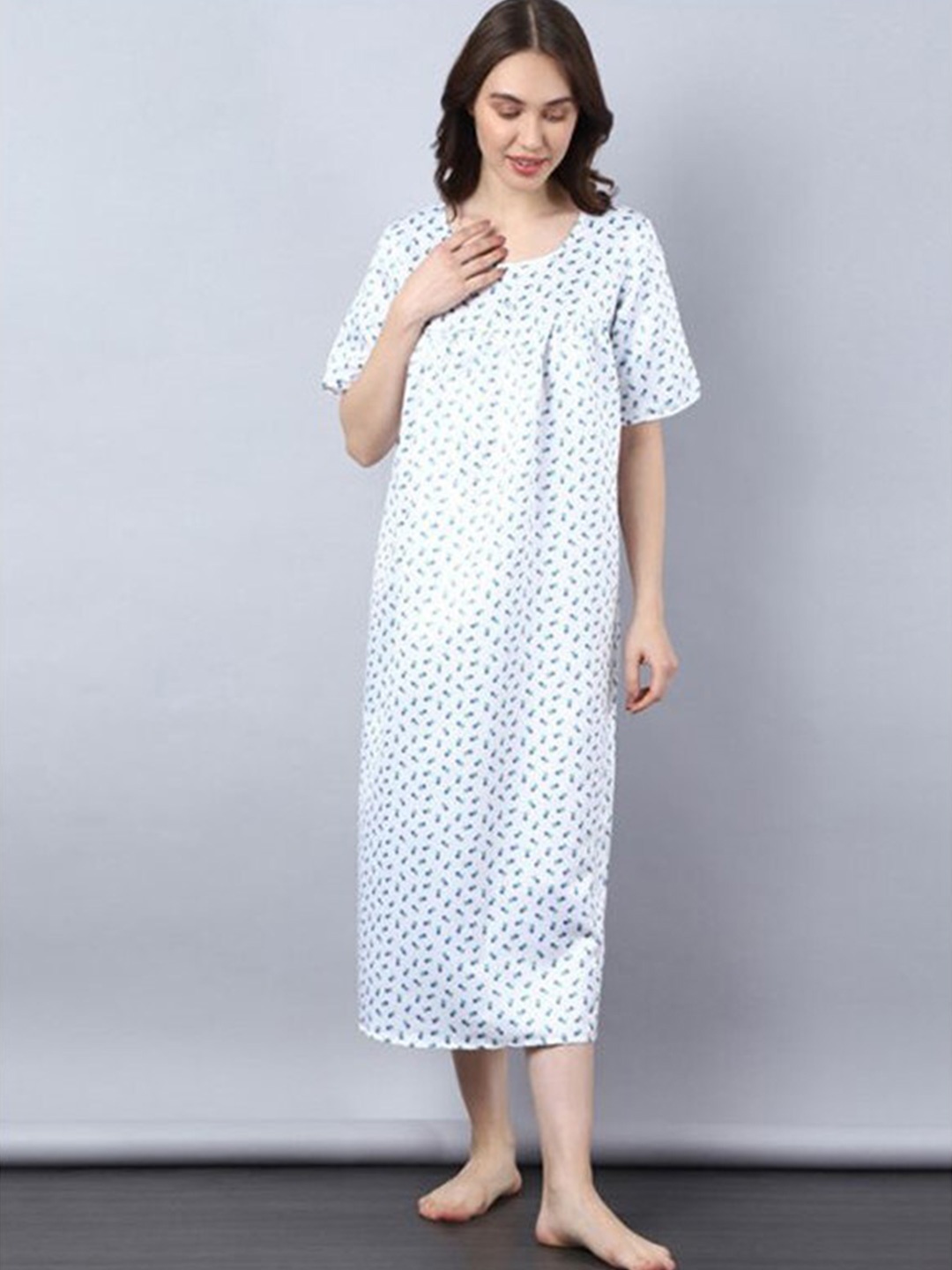

Aila Floral Printed Midi Nightdress, White
