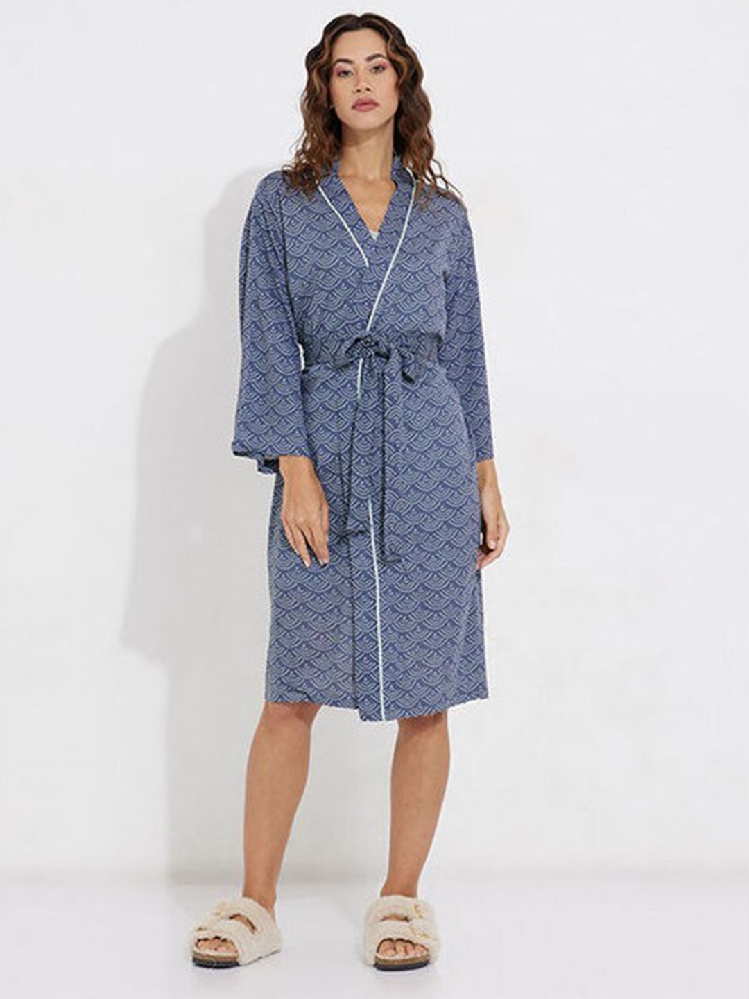 

Aila Geometric Printed V-Neck Wrap Nightdress, Blue