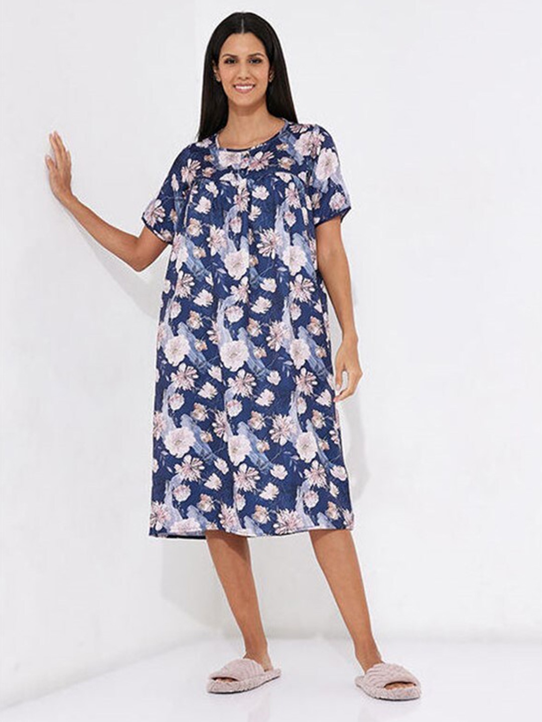 

Aila Floral Printed With Gathers Nightdress, Blue