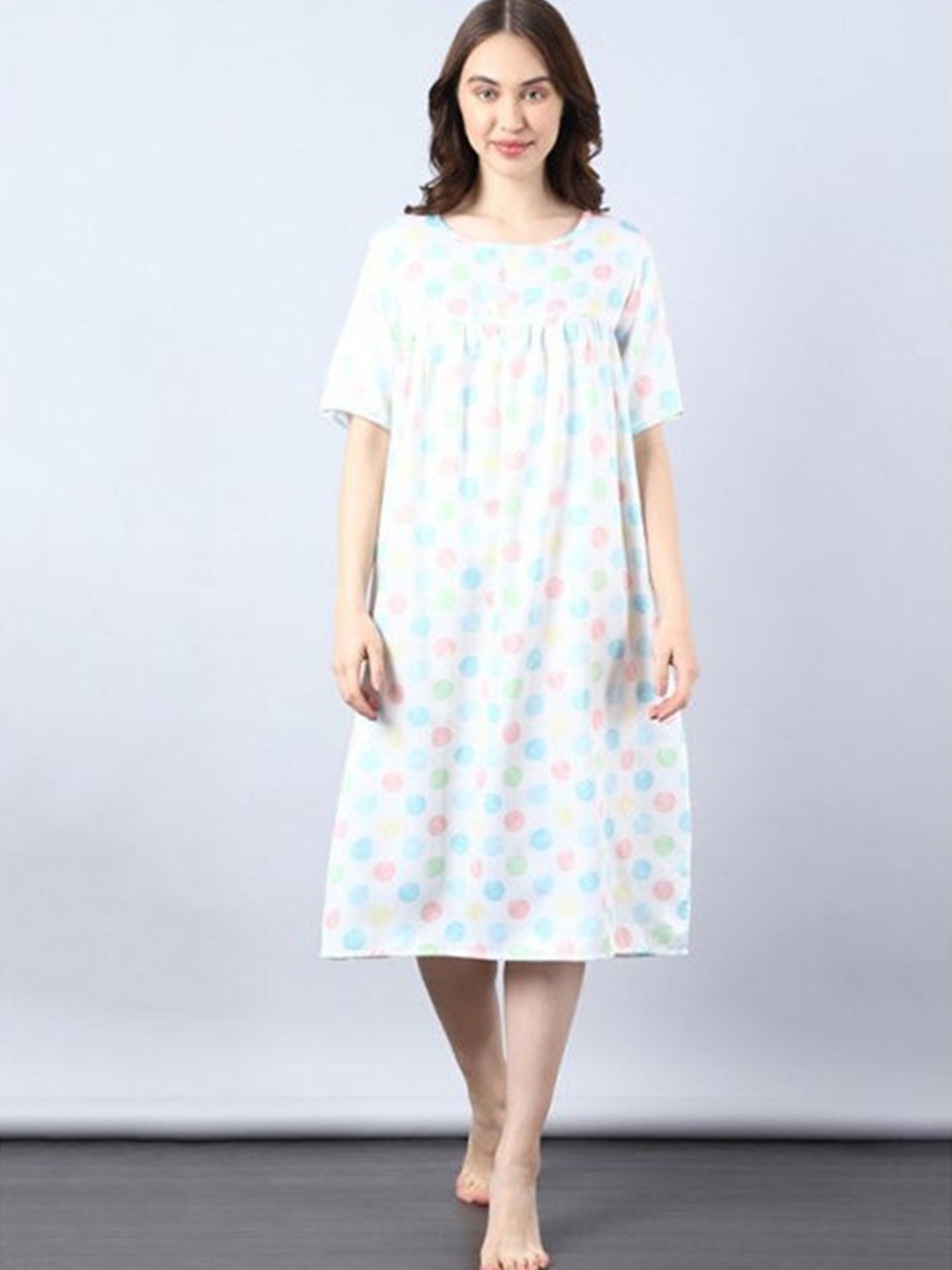 

Aila Polka Dots Printed Midi Nightdress, White