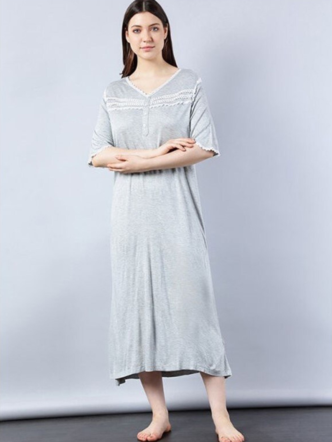 

Aila V-Neck Lace Detail Midi Nightdress, Grey melange