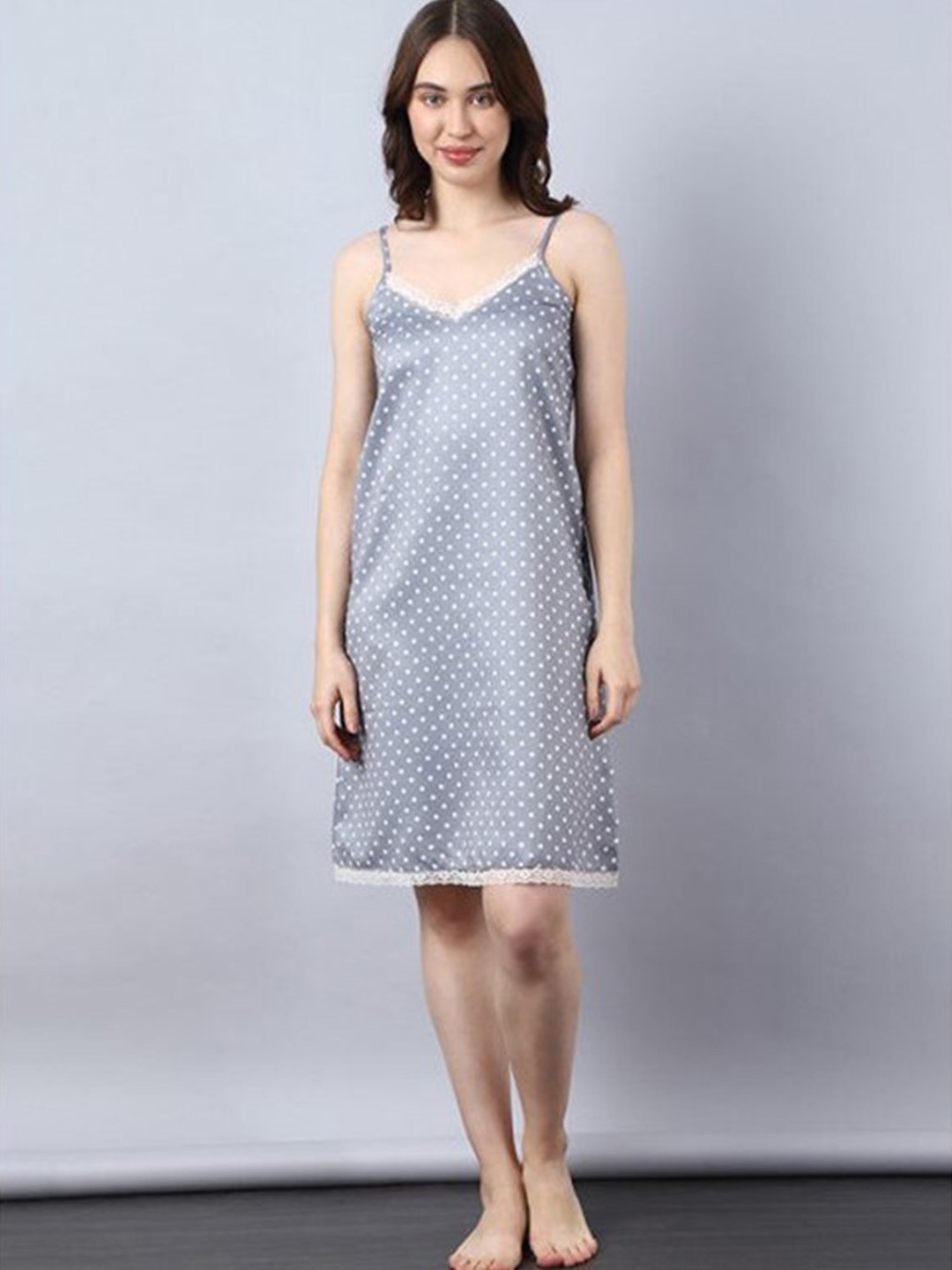 

Aila Polka Dot Printed Shoulder Strap Above Knee Nightdress, Grey