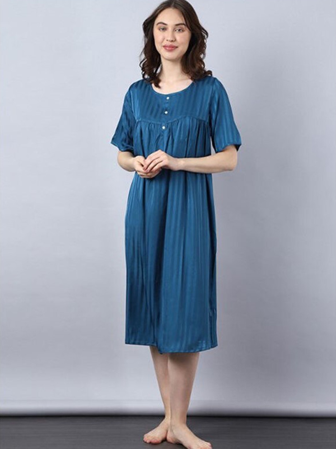 

Aila Striped Round Neck Nightdress, Teal