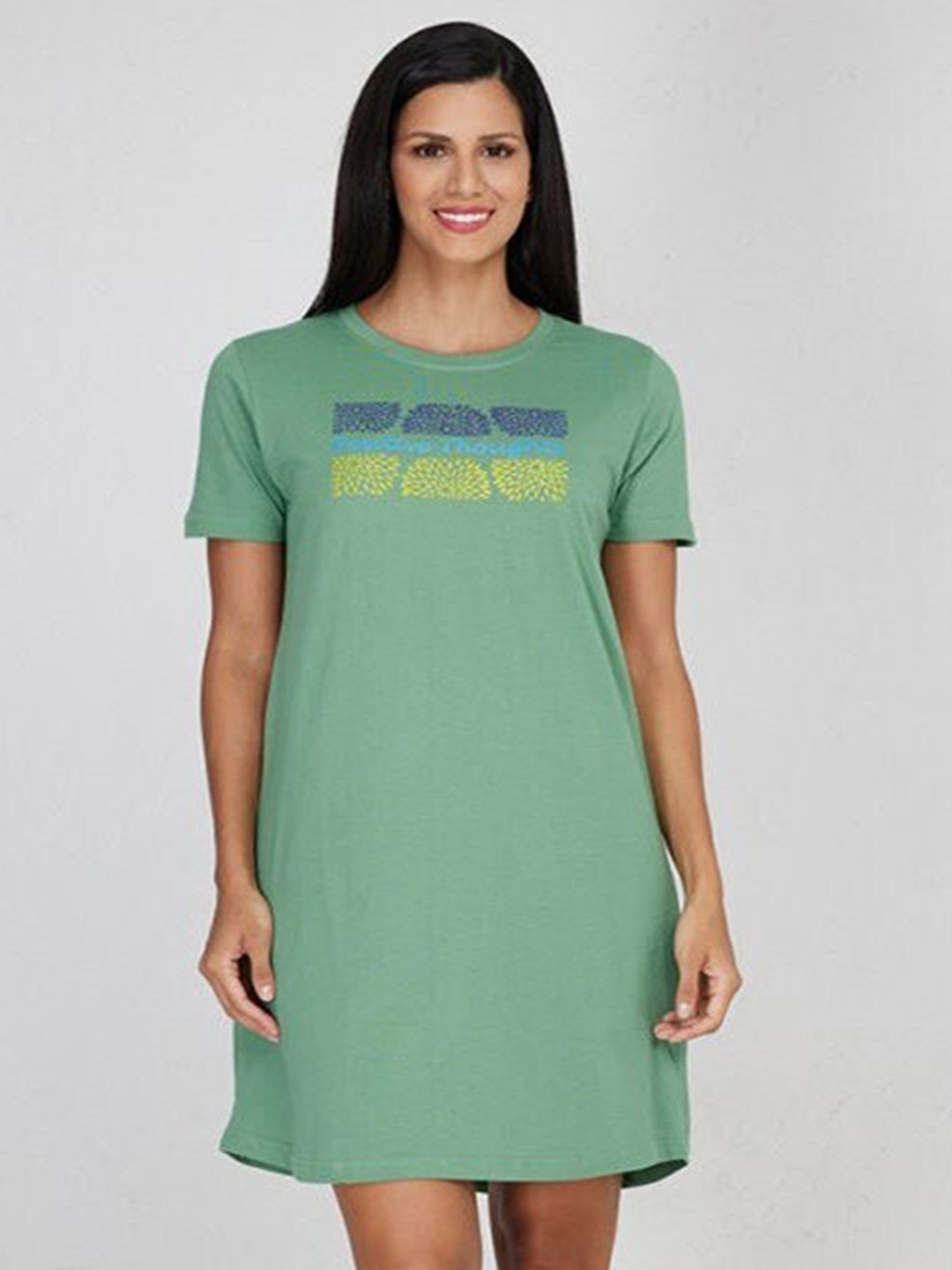 

Aila Typography Printed Round Neck T-shirt Nightdress, Green