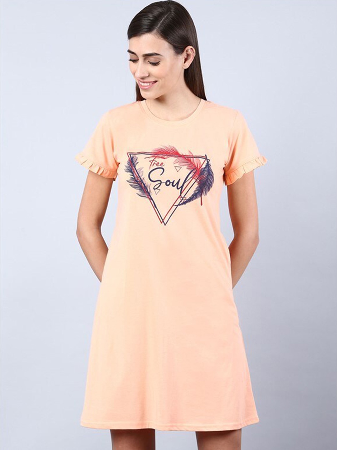 

Aila Geometric Printed T-shirt Nightdress, Peach