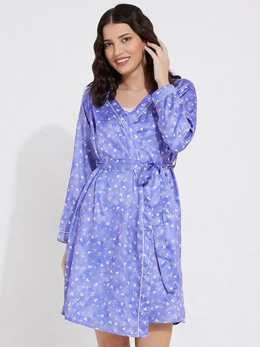 

Aila Floral Printed V-Neck Wrap Nightdress, Purple
