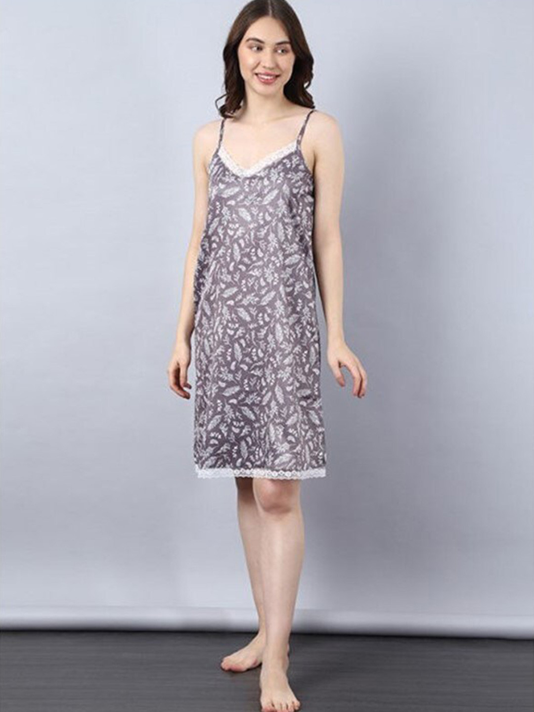 

Aila Floral Printed Shoulder Strap Knee Length Nightdress, Grey