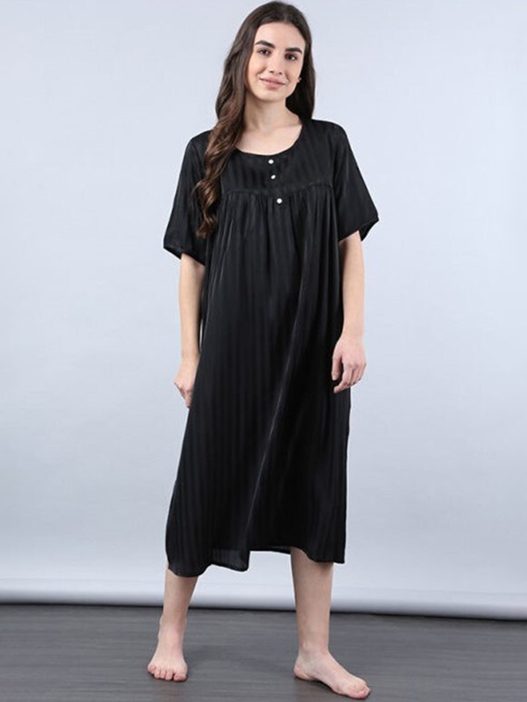 

Aila Striped Everyday Midi Nightdress, Black