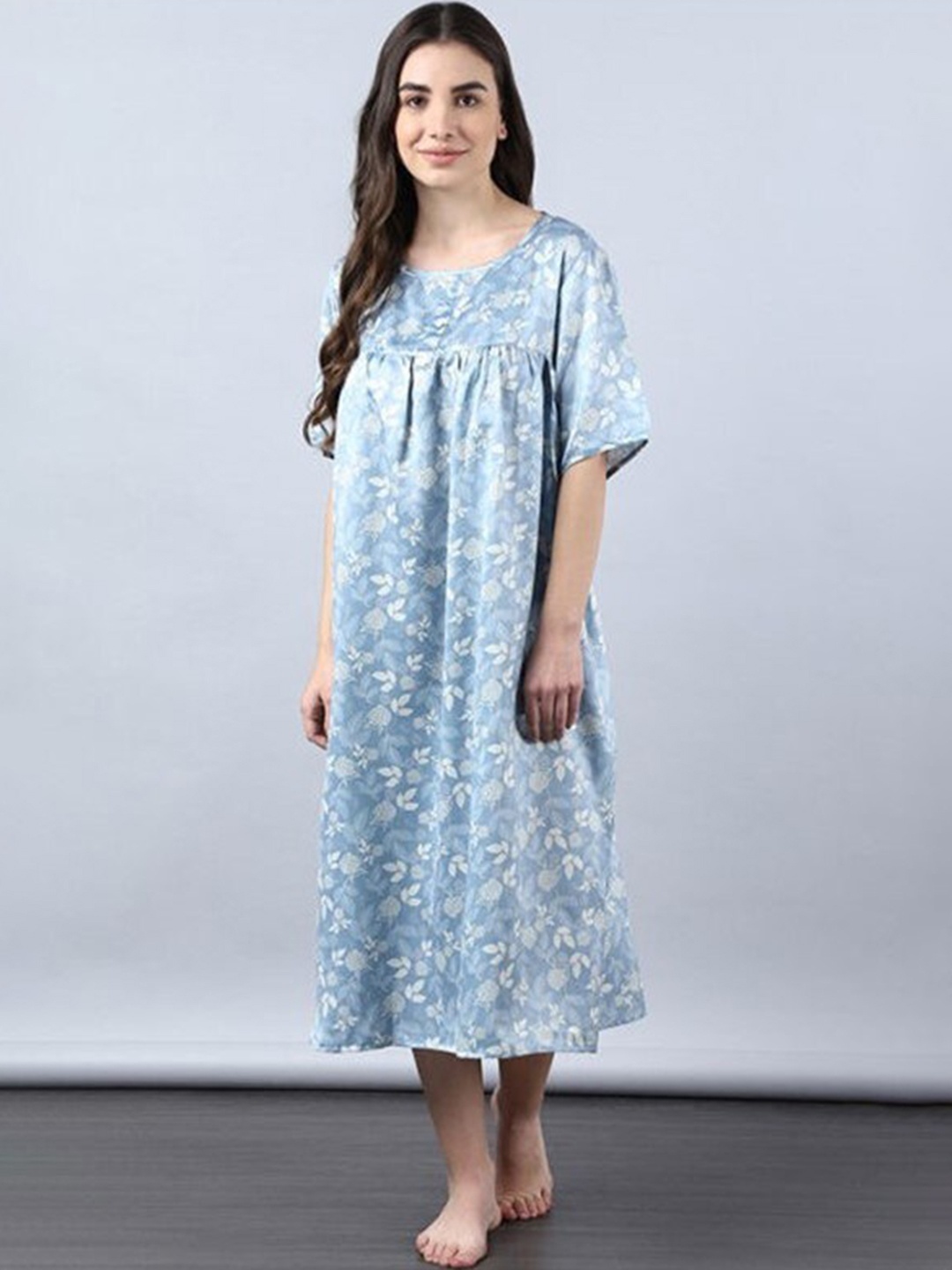 

Aila Floral Printed Nightdress, Blue