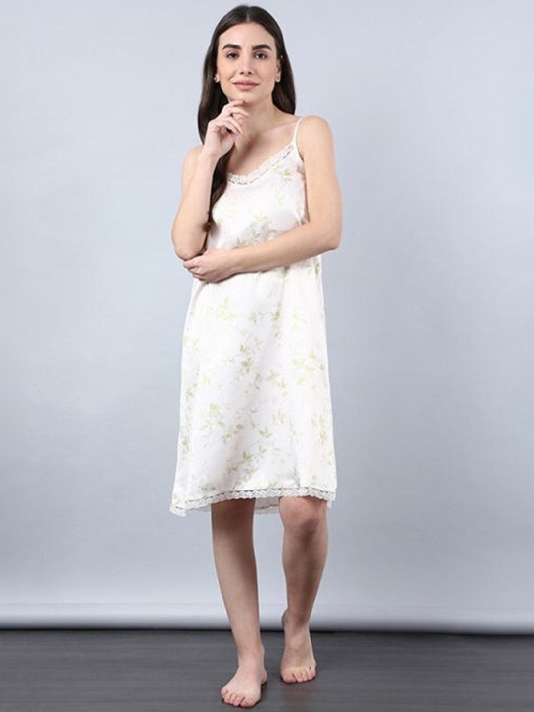 

Aila Floral Printed Shoulder Straps Nightdress, White