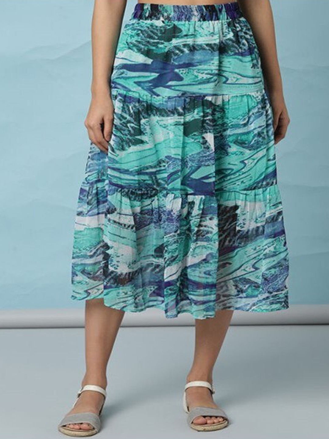 

Aila Abstract Printed Flared Tiered Midi Skirt, Turquoise blue