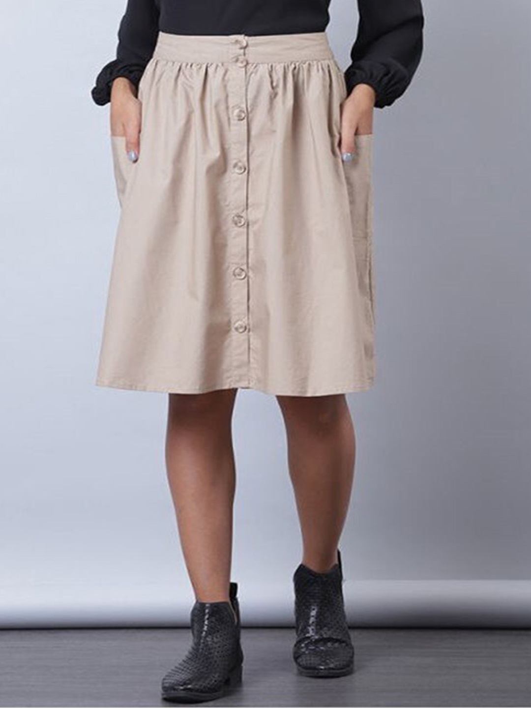 

Aila Flared A-Line Midi Skirts, Beige