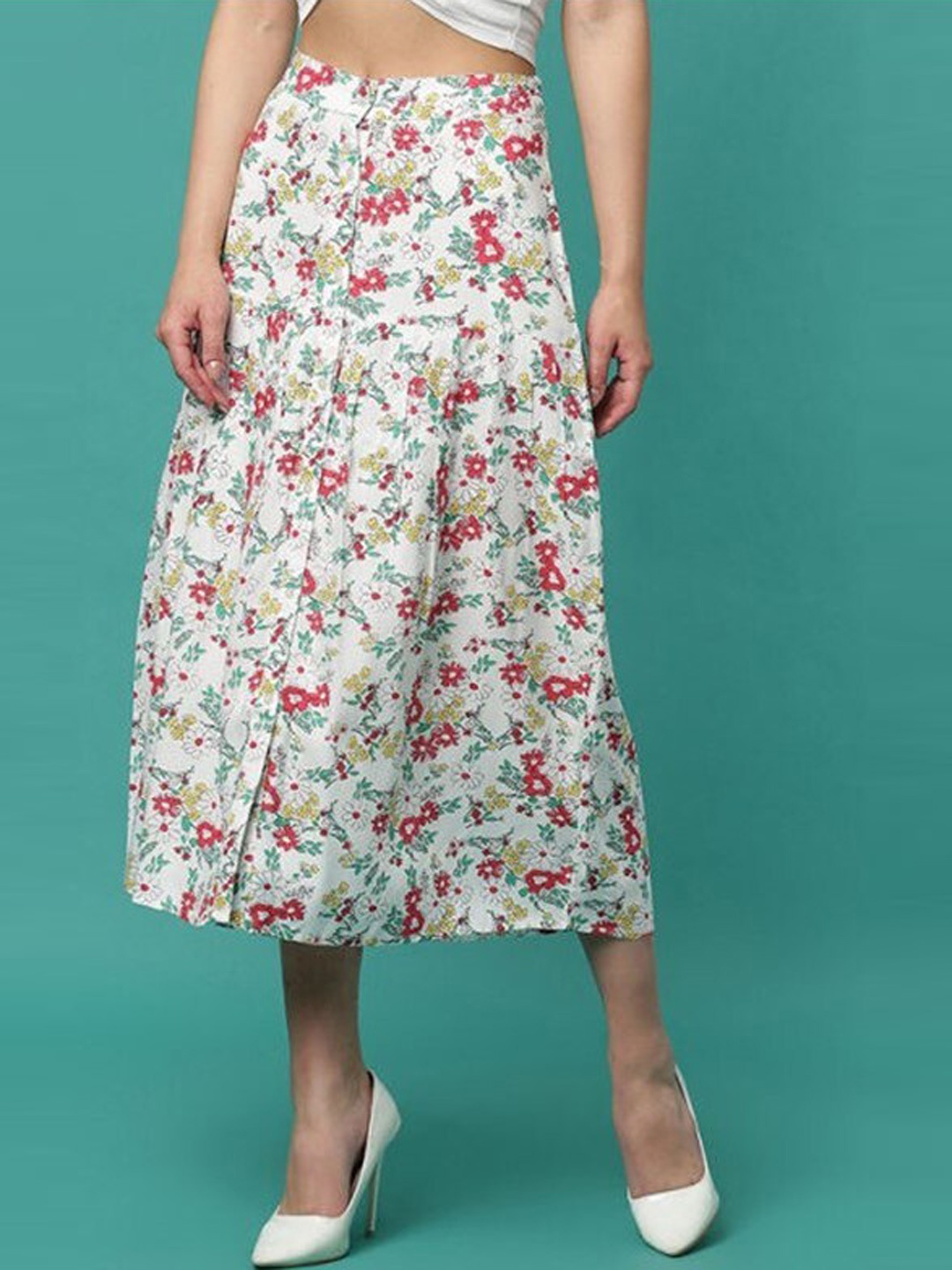 

Aila Floral Printed Flared Midi Skirts, White