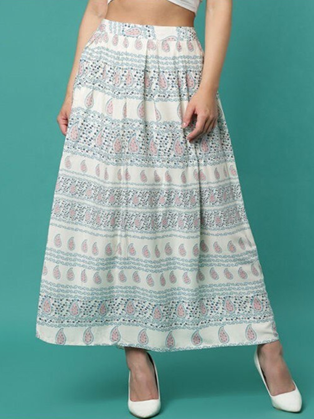 

Aila Ethnic Motifs Printed Flared Maxi Skirts, White