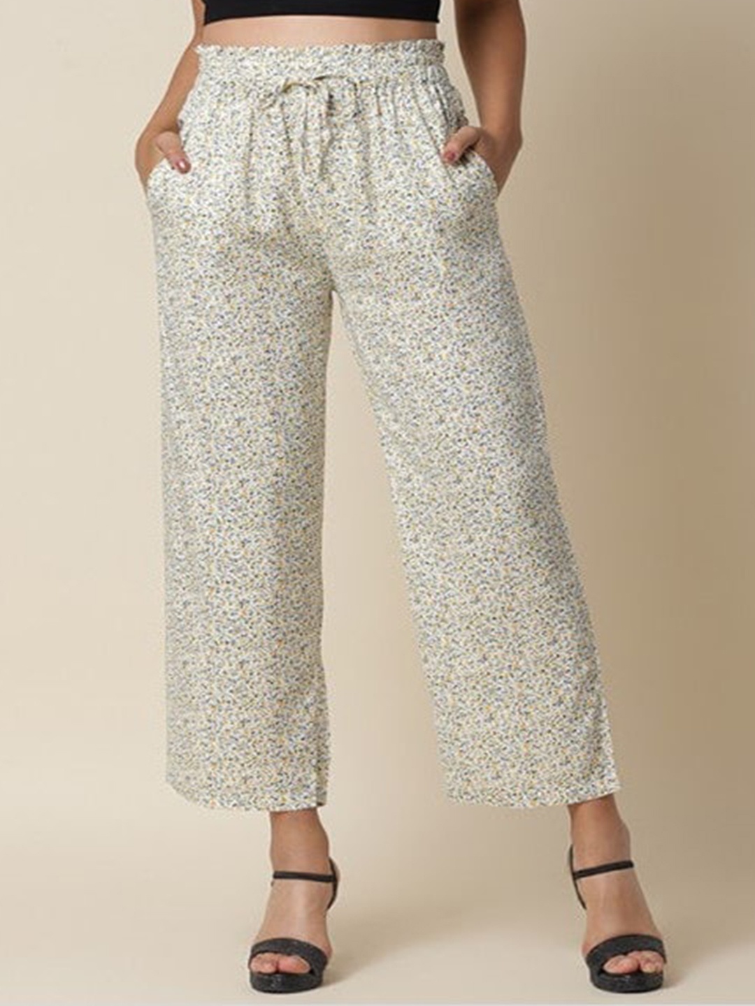 

Aila Women Floral Printed Mid Rise Trouser, White