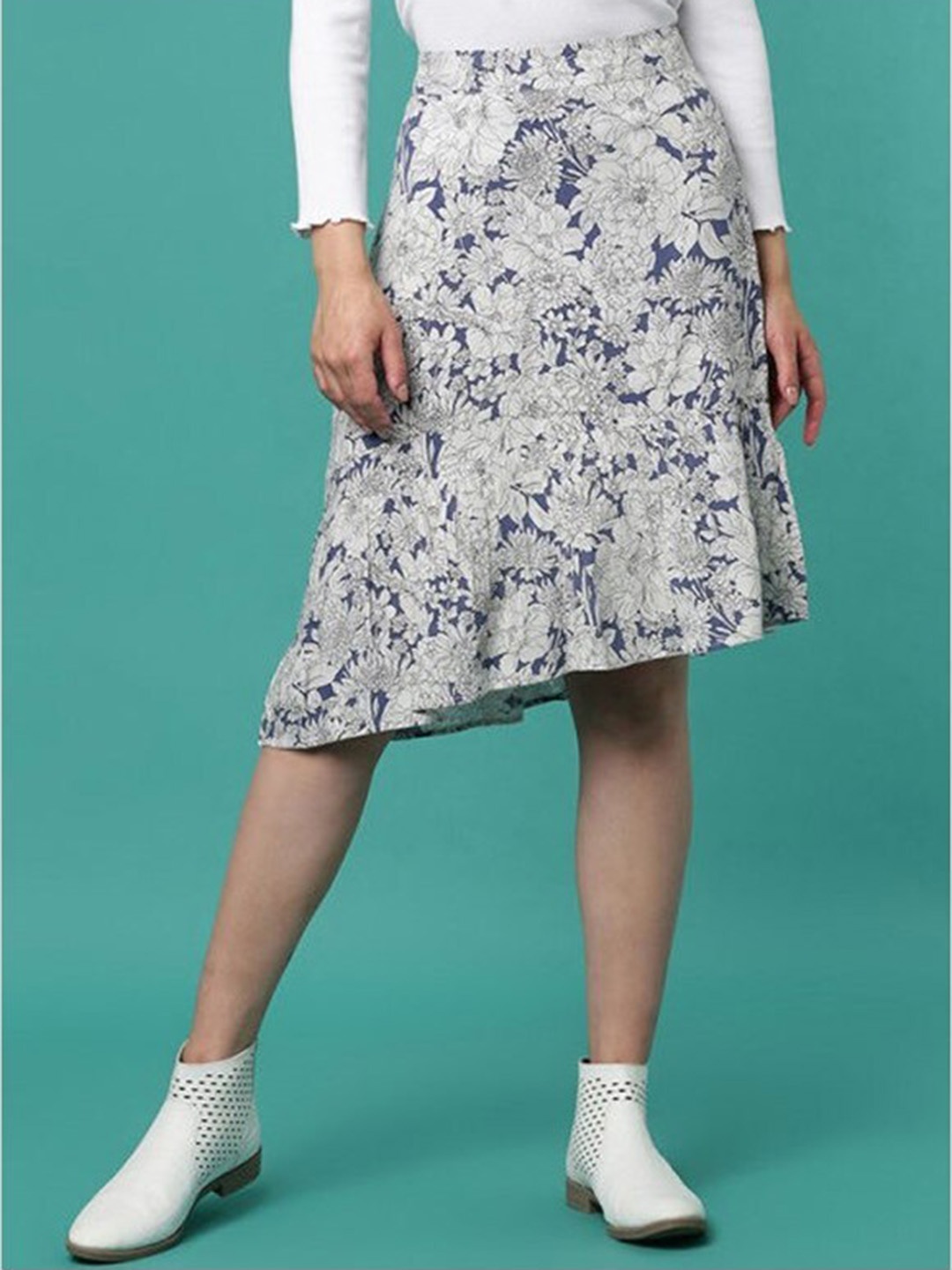 

Aila Floral Printed A-Line Knee Length Skirt, Navy blue