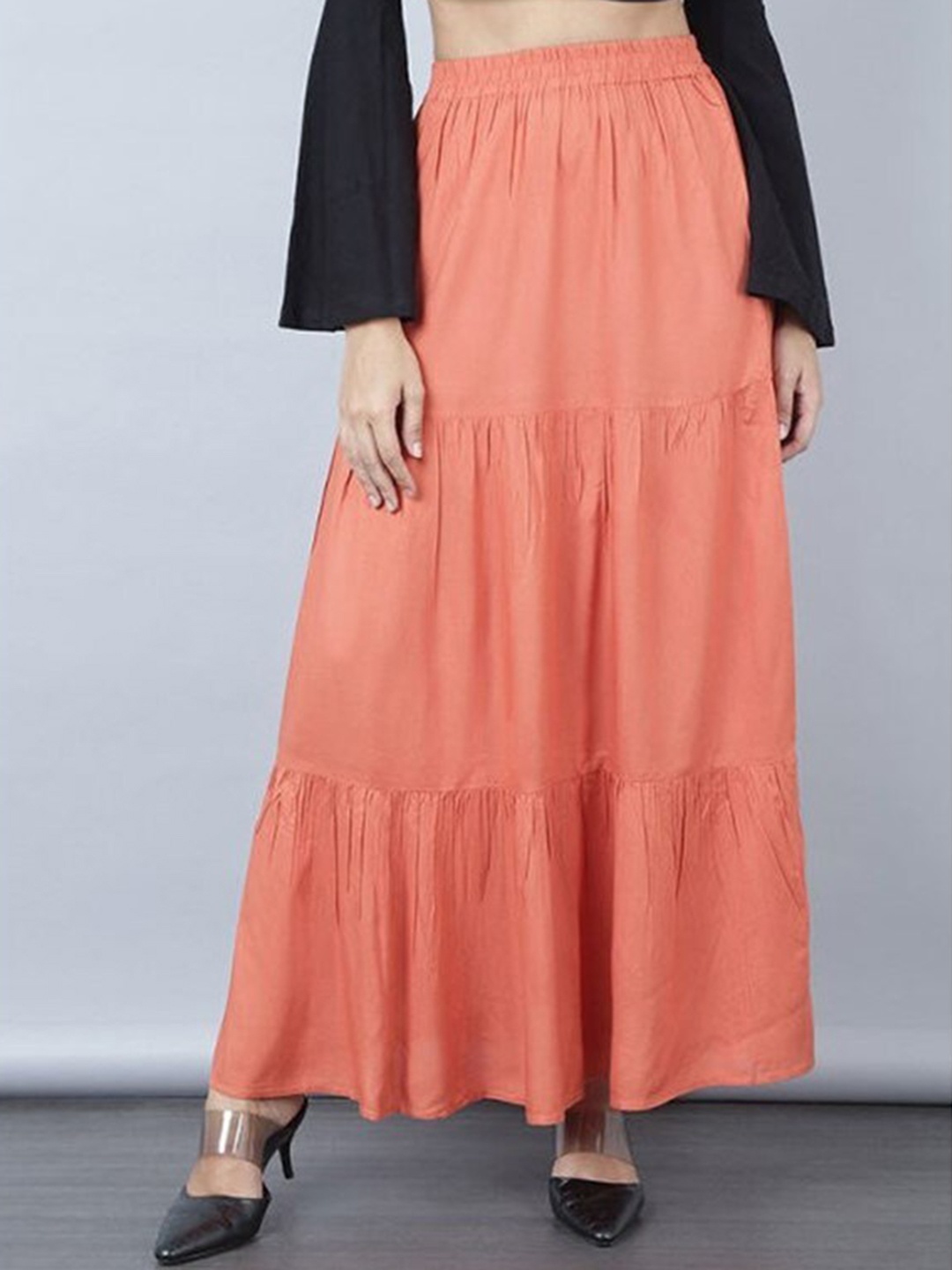 

Aila Flared Tiered Maxi Skirt, Orange