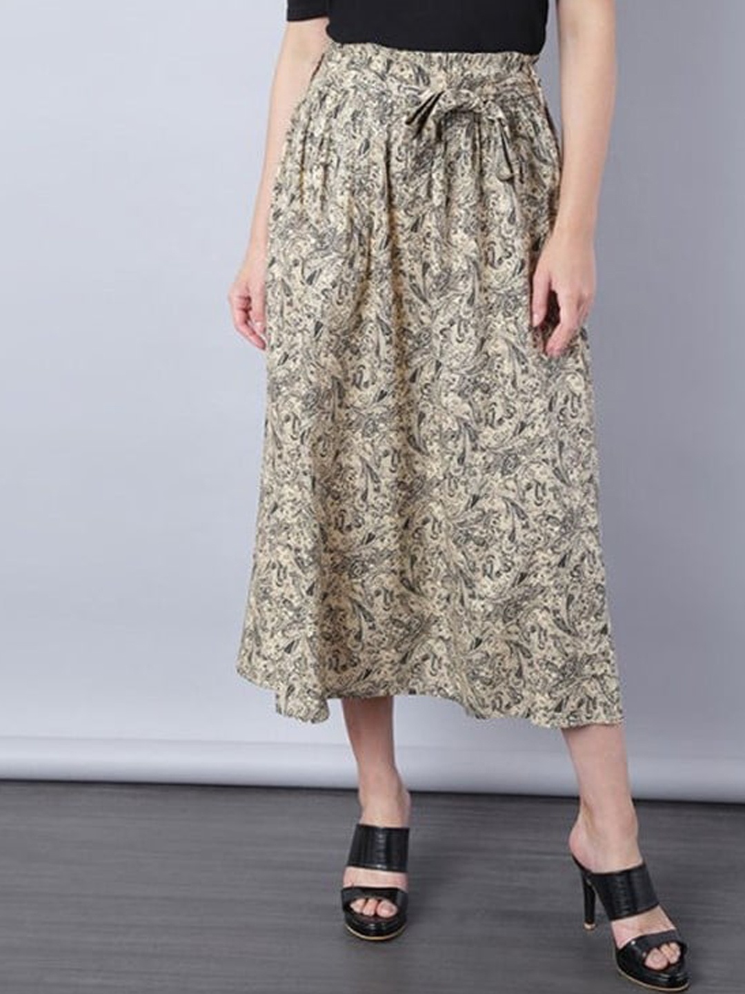 

Aila Ethnic Motifs Printed Flared Midi Skirts, Beige