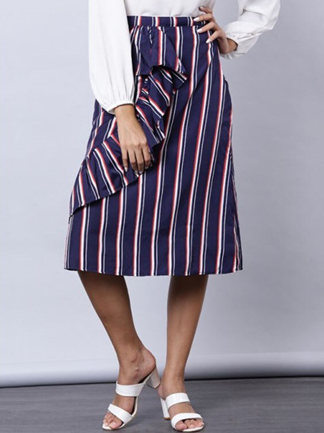 

Aila Striped Ruffles Detail A-Line Midi Skirt, Blue