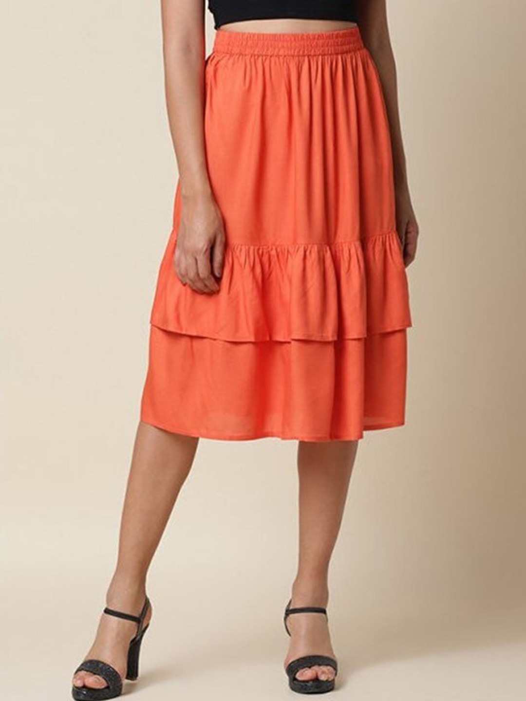 

Aila Tiered Ruffles Detail A-Line Midi Skirt, Orange