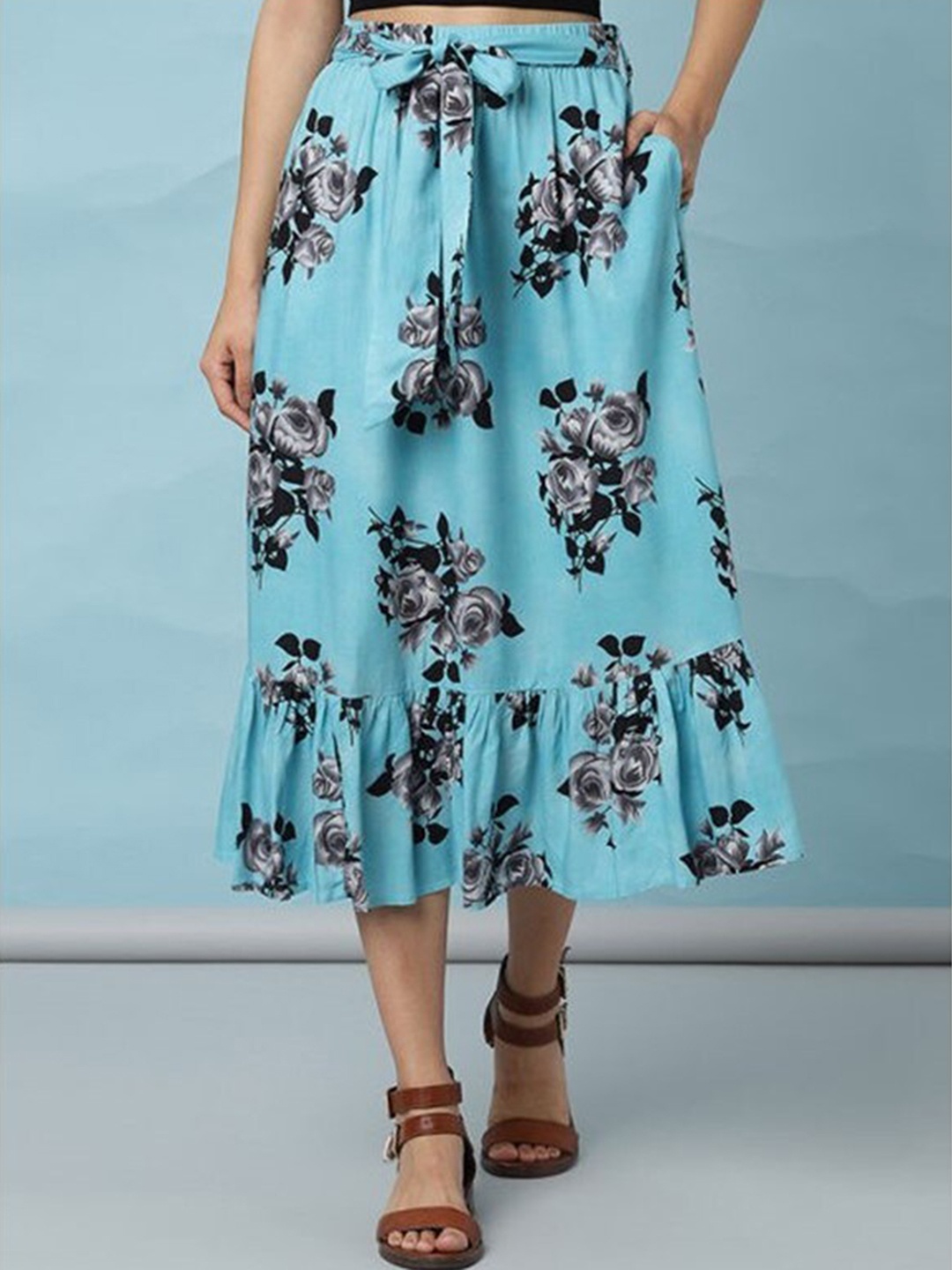 

Aila Floral Printed A-Line Midi Skirt, Blue