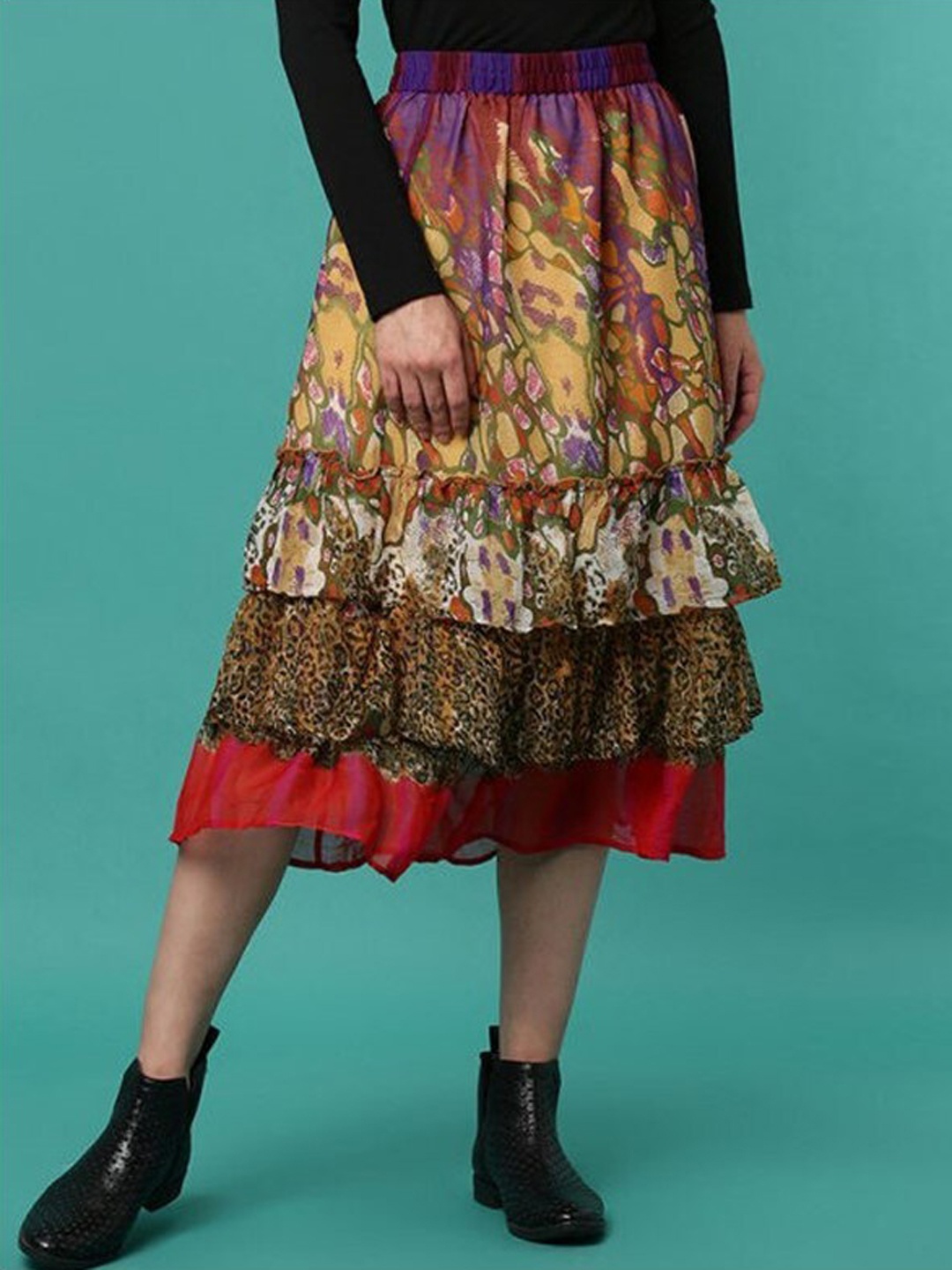 

Aila Abstract Printed Tiered Midi Skirt, Mustard