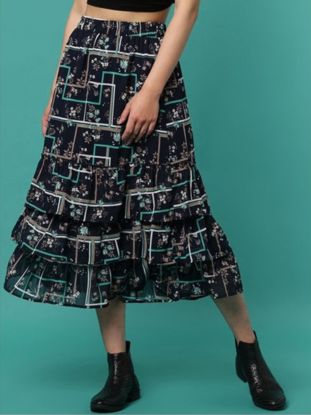 

Aila Floral Printed Ruffles Flared Midi Skirt, Navy blue