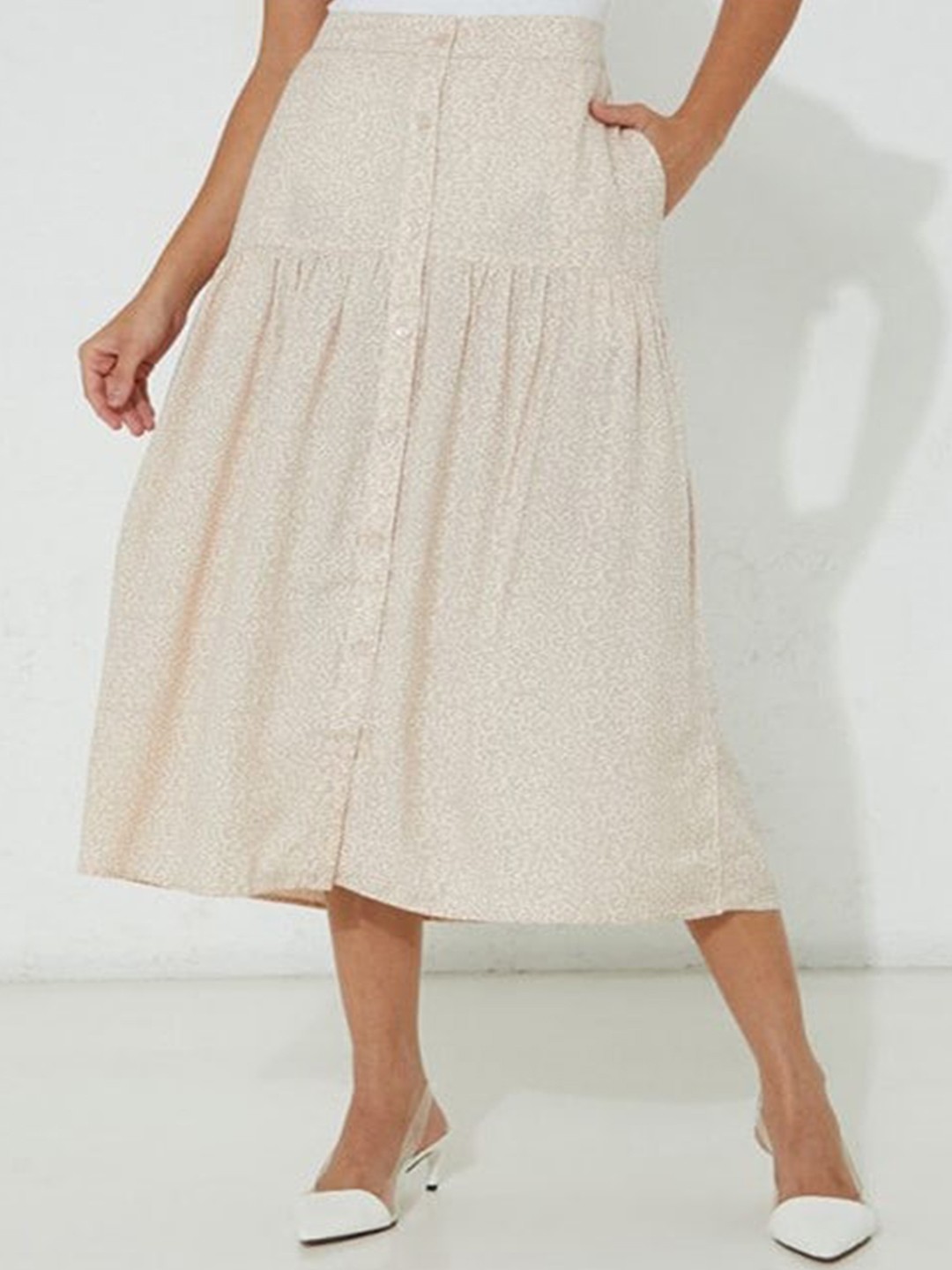 

Aila Abstract Printed Flared Midi Skirt, Beige