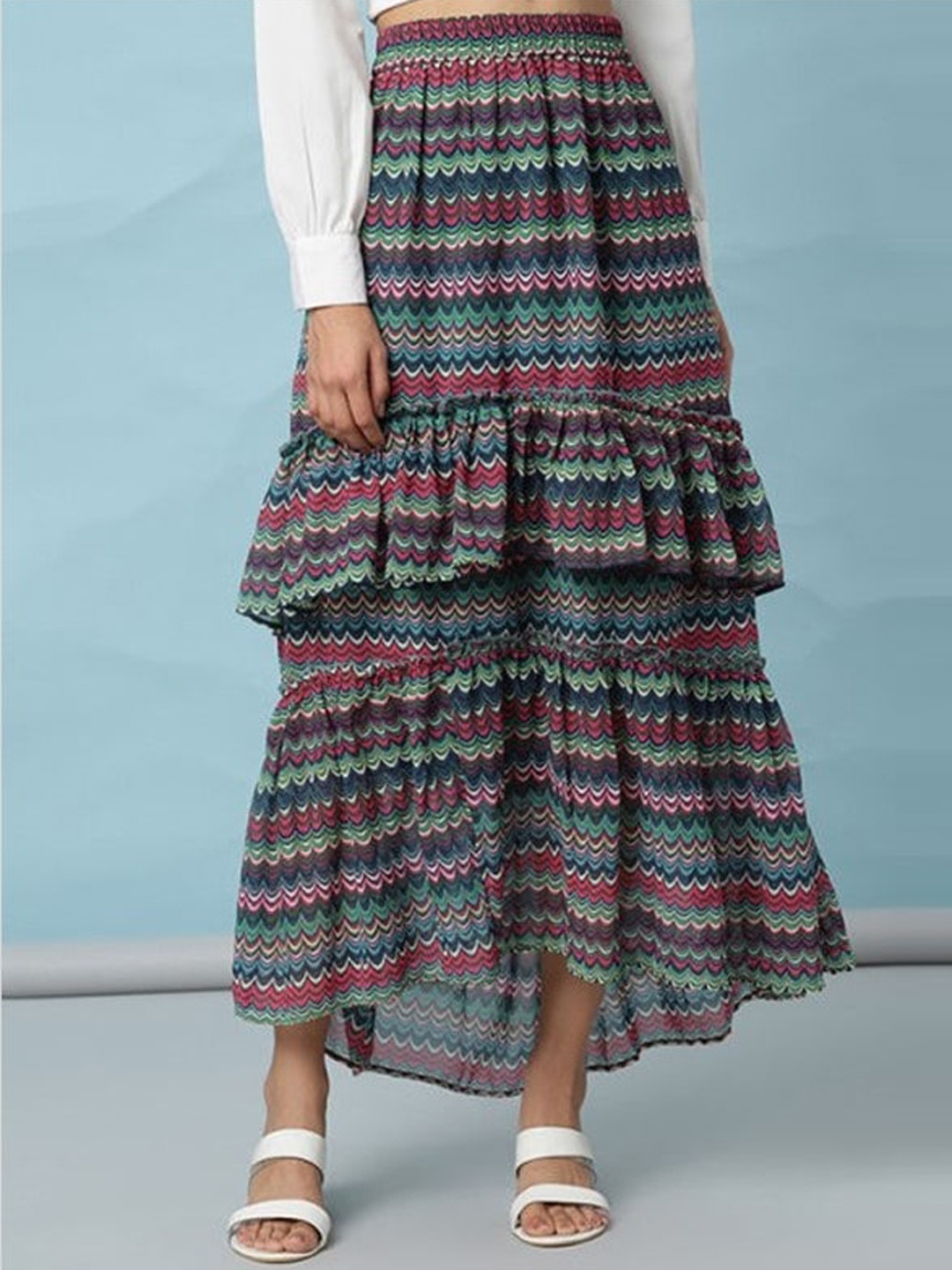 

Aila Geometric Printed Flared Midi Skirt, Green