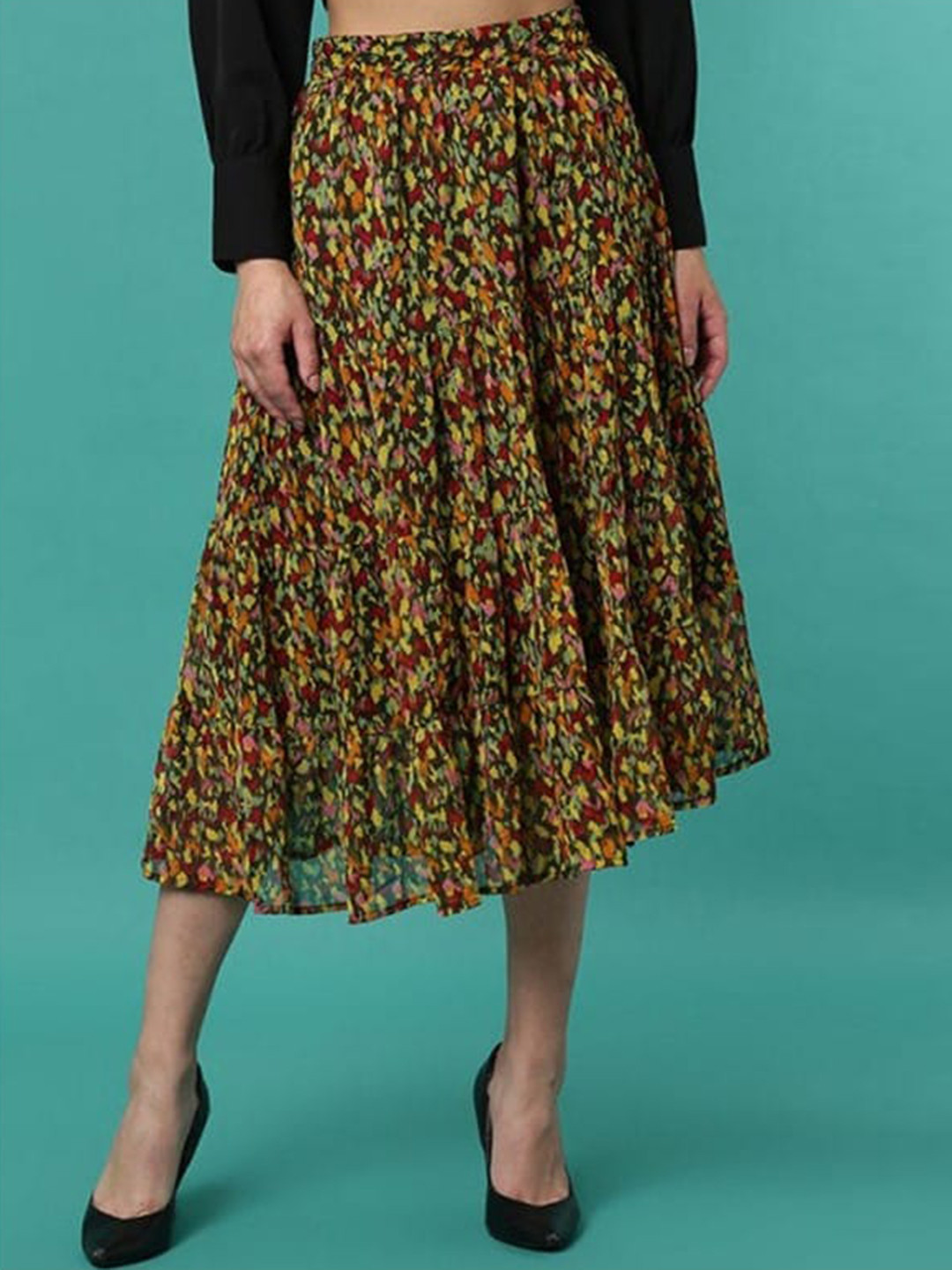 

Aila Floral Printed Flared Midi Skirt, Black