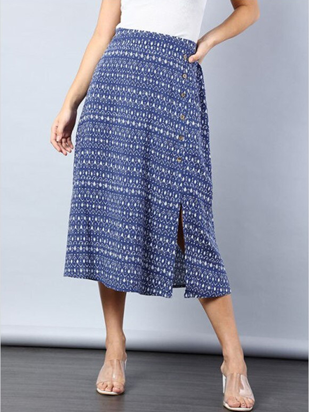 

Aila Floral Printed Flared Midi Skirt, Blue