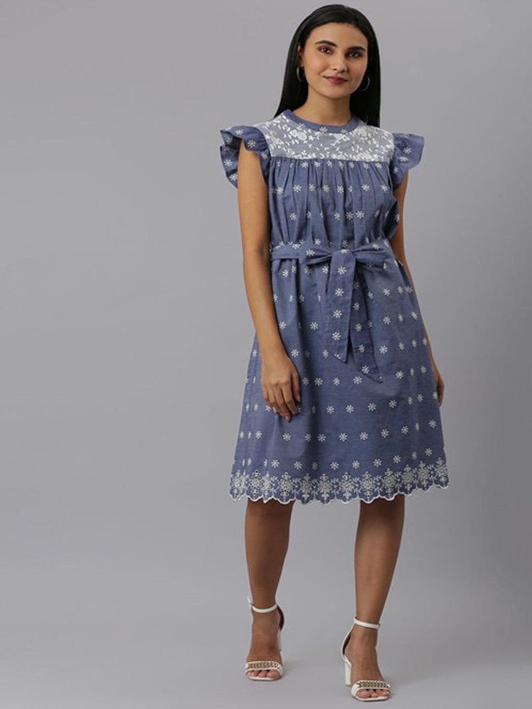 

Aila Floral Embroidered Flutter Sleeves Cotton Tie Up A-Line Dress, Navy blue