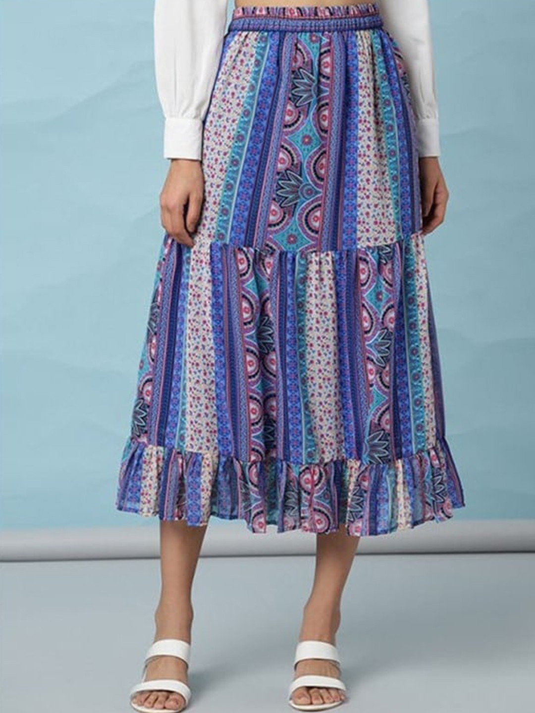 

Aila Ethnic Motifs Printed Flared Midi Skirt, Blue