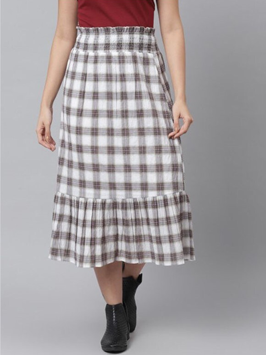 

Aila Checked A-Line Midi Skirt, White